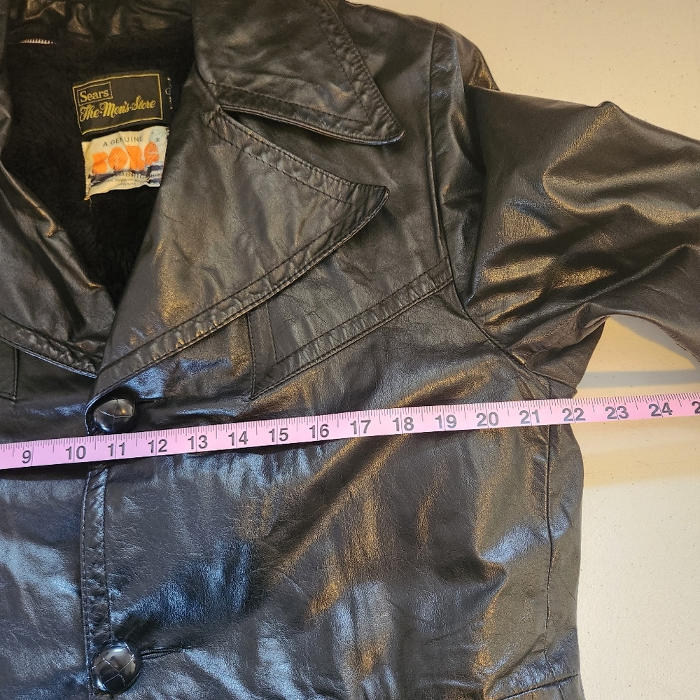Vintage 1970s Long Black Leather Coat Jacket Mens size Medium Faux Fur Winter - Picture 13 of 16